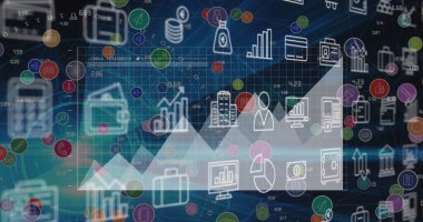 Mavi arka planda birden fazla dijital simge ve istatistiksel veri işleme resmi. Bilgisayar arayüzü ve iş teknolojisi kavramı