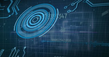 Veri işleme, tarama ve bilgisayar devre kartı görüntüsü. küresel veri işleme, hesaplama ve dijital arayüz kavramı dijital olarak oluşturuldu.