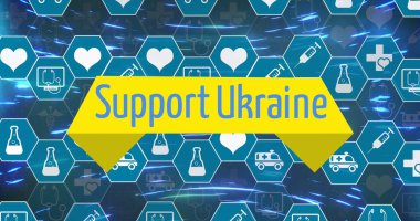 Altıgenler üzerinde, ikonlar ve mavi ışıkların hızlı hareket ettiği Ukrayna 'yı destekleme görüntüsü. Ukrayna krizi ve uluslararası politika kavramı dijital olarak oluşturuldu.