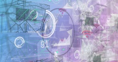 Pleksus ağlarının görüntüsü ve yüksek binalara karşı veri işleme arayüzü. Küresel ağ ve iş teknolojisi kavramı