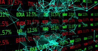 Siyah arka planda parlayan pleksus ağları üzerinden borsa veri işleme görüntüsü. Küresel ekonomi ve iş ağı teknolojisi kavramı