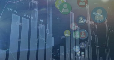 Soyut arkaplanda profil simgeleri üzerinde değişen sayılara sahip çoklu grafiklerin resmi. Dijital olarak üretilmiş, hologram, büyüme, rapor, iş dünyası, sosyal medya ve teknoloji kavramı.