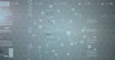 Gri arkaplandaki finansal veri işleme resmi. global business, finans, data işleme ve dijital arayüz kavramı dijital olarak oluşturuldu.