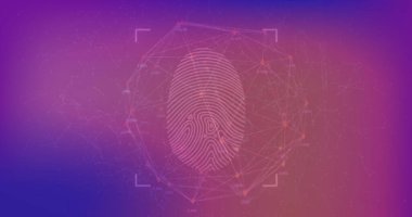 Mor arkaplandaki parmak izi taramasındaki bağlantıların resmi, boşluğu kopyala. Biyonik güvenlik ve teknoloji konsepti dijital olarak oluşturulmuş görüntü