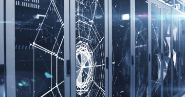 Sunucu odasında hareket eden şekillerin resmi, boşluğu kopyala. küresel iş ve dijital arayüz kavramı dijital olarak oluşturulmuş görüntü