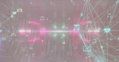 Uzayda neon ışıkları olan simgelerin ve bağlantıların görüntüsü, boşluğu kopyala. ağ, bağlantılar ve teknoloji konsepti dijital olarak oluşturulmuş görüntü