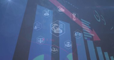 Çubuk grafiğinde altıgen simgelerin görüntüsü, daireler yükleme ve kırmızı ok azalma. Dijital olarak üretilmiş, hologram, küreselleşme, rapor, iş dünyası, kayıp ve teknoloji kavramı.
