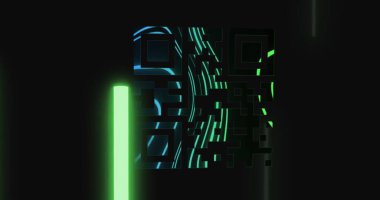 Neon geometrik şekiller üzerinde qr kodu resmi, uzayı kopyala. küresel veri işleme, teknoloji ve bağlantılar konsepti dijital olarak oluşturuldu