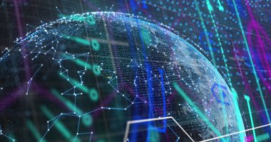 Dünya üzerindeki bağlantı ağının görüntüsü. Küresel bilim, bağlantılar, veri işleme ve dijital arayüz kavramı dijital olarak oluşturuldu.