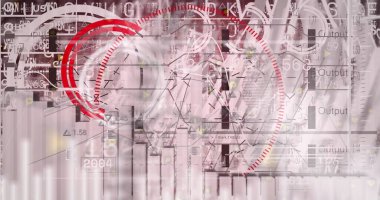 Kırmızı arkaplan ile veri işleme arayüzünün resmi. Bilgisayar arayüzü ve iş teknolojisi kavramı