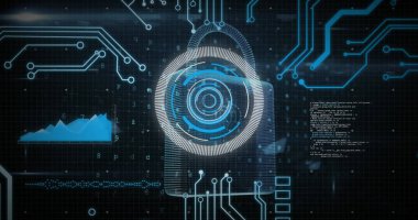 Çevrimiçi güvenlik kilidi, veri işleme, tarama ve bilgisayar devre kartı görüntüsü. küresel veri işleme, hesaplama ve dijital arayüz kavramı dijital olarak oluşturuldu.