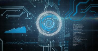 Çevrimiçi güvenlik kilidi, veri işleme, tarama ve bilgisayar devre kartı görüntüsü. küresel veri işleme, hesaplama ve dijital arayüz kavramı dijital olarak oluşturuldu.