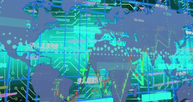 Izgara üzerinde numaralar, işaretleyiciler ve veri işleme resimleri. Dijital arayüz ve veri işleme kavramı dijital olarak oluşturuldu.