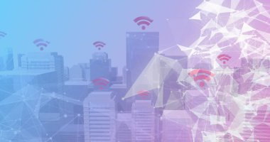 Yüksek binaların veri işleme görüntüsü. küresel ağ ve iş teknolojisi kavramı