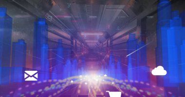 Geometrik dijital şehir manzarası üzerindeki qr kodunun resmi, boşluğu kopyala. küresel veri işleme, teknoloji ve bağlantılar konsepti dijital olarak oluşturuldu