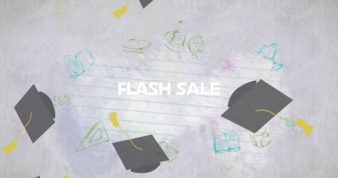 Okul ögeleri simgeleri resmi ve beyaz arkaplan üzerinde flash satış metni, kopyalama alanı. okul ve eğitim kavramı dijital olarak oluşturulmuş imaj