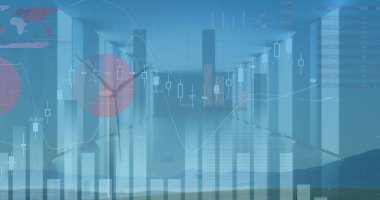 Finansal verilerin ve rüzgar türbinli grafiklerin görüntüsü, kopyalama alanı. Çevre, sürdürülebilirlik, ekoloji, yenilenebilir enerji konsepti dijital olarak oluşturulmuş görüntü