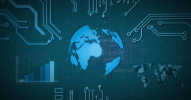 Veri işleme, tarama ve bilgisayar devre kartı görüntüsü. küresel veri işleme, hesaplama ve dijital arayüz kavramı dijital olarak oluşturuldu.