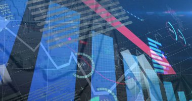 Mavi arka planda istatistiksel veri işleme resmi. Bilgisayar arayüzü ve iş veri teknolojisi kavramı