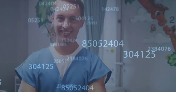 stock image Image of numbers processing over smiling caucasian male doctor. medicine and healthcare services concept digitally generated image.