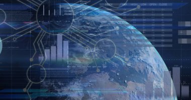 Dünya 'nın dijital temsili ve üzerinde çeşitli veri görselleştirmeleri var. Genel istatistikleri gösteren grafik ve grafiklerle koyu arkaplan