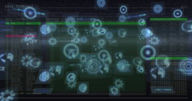 Çeşitli holografik elementlerle dijital arayüz ve yüzen veri noktaları. Koyu arkaplan ve parlak mavi grafiklere sahip fütürist teknoloji teması