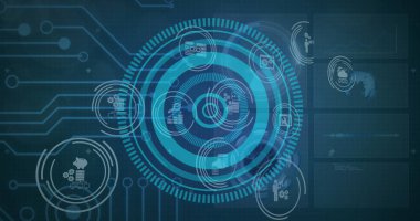 Mavi arkaplanda gösterilen çeşitli simge ve grafiklerle dijital arayüz. Devre şablonları ve veri görselleştirme elementleriyle gelecek teknolojisi teması