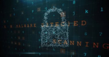Tarama arkaplanını kaplayan yazılım saptanmış dijital kilit simgesi. Sahne, yüzen alfanumerik karakterlerle koyu, ızgara benzeri bir arayüzü içeriyor.
