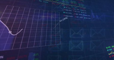 Dijital grafik hisse senedi fiyatlarında önemli bir düşüş gösteriyor. İş veya mali bağlamı gösteren çeşitli finansal veriler ve e- posta simgeleri