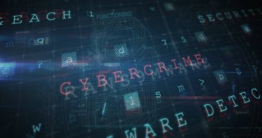 Dijital arayüz, CYBERCRIME ve SECURITY gibi kelimeleri fütüristik tarzda gösteriyor. Arkaplan, çeşitli veri noktaları ve teknolojik elementlere sahip karanlık bir şebeke gösteriyor