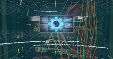 Sunucu rafının önünde holografik elementlerle gösterilen fütüristik bir dijital arayüz. Renkli arka plan kablo ve ağ ekipmanlarını gösteriyor, yüksek teknolojili bir ortam yaratıyor.