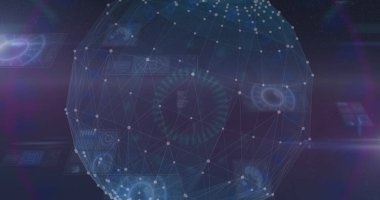 Uzayda yüzen birbirine bağlı düğümlere ve çizgilere sahip dijital bir küre. Dünyayı çevreleyen çeşitli holografik arayüzler ve veri görselleştirmeleri, yüksek teknoloji ortamını gösteriyor