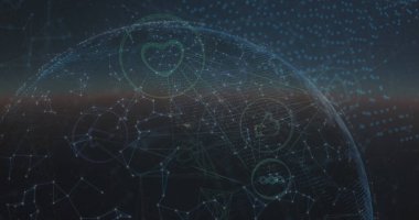 Karanlık bir arkaplana karşı aydınlatılmış çeşitli simgelere sahip dijital bir küre. Sahne küresel bağlantı ve sosyal medya etkileşimine odaklanmayı öneriyor