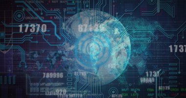 Veri noktaları ve devre benzeri desenlerle çevrili dijital bir dünya. Fütürist arayüz, sayılar ve teknolojik elementlere sahip koyu arkaplan