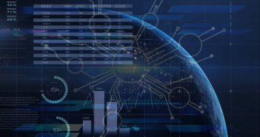 Dijital veriler ve grafikler uzaydan Dünya 'nın görüntüsünü örtüyor. Arka plan birbirine bağlı çizgiler ve düğümler ağını gösteriyor, küresel bağlantı ve teknolojiyi temsil ediyor
