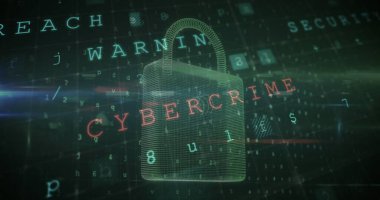 Koyu arkaplanı kaplayan CYBERCRIME metni ile dijital asma kilit. UYARI ve GÜVENLİK gibi süzülen kelimeler çevrimiçi tehditleri vurguluyor