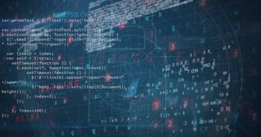 Dijital ekranda gösterilen kod ve veri satırları. Arkaplan, birbirine bağlı veri noktaları ve algoritmalardan oluşan karmaşık bir ağı, ayrıntılı bir görsel temsil oluşturarak gösterir