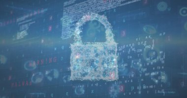 Şifre ve uyarı mesajlarıyla çevrili dijital kilit simgesi. Arka planda gösterilen karmaşık veri ağı ve siber güvenlik tehditleri