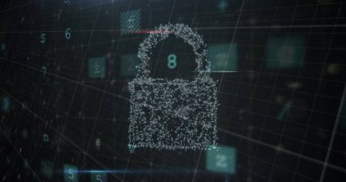 Sanal uzayda parçacıklardan oluşan bir dijital kilit simgesi yüzüyor. Arkaplanda bir siber güvenlik teması öneren sayılar ve sembollerle bir ızgara var