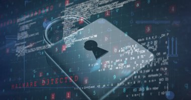 Çeşitli kodlarla çevrili dijital bir kilit simgesi ve MALWARE DETECTED metni. Arkaplan, siber güvenlik tehdidini gösteren karmaşık veri ve programlama kodlarını gösteriyor