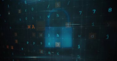 Bir dijital kilit simgesi, siber güvenliği temsil eden yüzen harfler ve numaralarla çevrilidir. Arkaplanda çeşitli karakterlere sahip karanlık şebeke var, veri korumasını vurguluyorlar