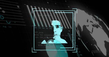 Siyah zemin üzerinde dijital profil portresi ve veri işleme resmi. Küresel iletişim, iş, veri ve dijital arayüz kavramı dijital olarak oluşturulmuş görüntü.