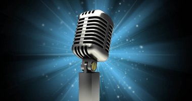 Siyah arka planda mavi ışık üzerinde klasik mikrofon resmi. Parti, müzik ve eğlence konsepti dijital olarak oluşturuldu.