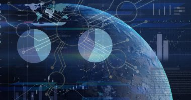 Veri grafikleri ve grafikleriyle Dünya 'nın dijital illüstrasyonu. Arka planda küresel ağ ve teknolojik arayüz gösteriliyor