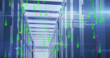 Dijital veri kaplamalı veri merkezinde sıralı sunucu rafları. Parlak ışıklar ve holografik veri akışları mavi arkaplanlı fütürist bir atmosfer yaratıyor.