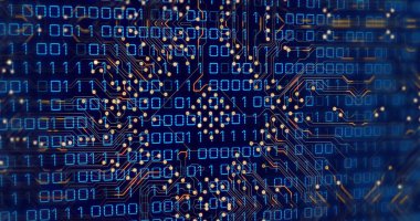 Mavi zemin üzerinde ikili veri işleme üzerinde parlayan altın anakart görüntüsü. Küresel iletişim, veri ve dijital arayüz kavramı dijital olarak oluşturuldu.