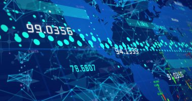 Mavi zemin üzerinde rakamlar ve veri noktaları olan dijital dünya haritası. Küresel veri alışverişini ve bağlantıyı temsil etmek, dünya çapında bilgi akışının altını çizmek