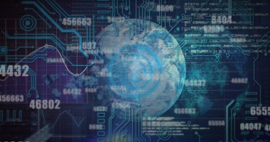 Birbirine bağlı hatları ve belirgin rakamları olan dijital bir küre. Arka planda devreler ve veri akışları yer alıyor, geleceksel ve teknolojik atmosfer yaratıyor