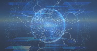 Birbirine bağlı düğümleri ve çizgileri olan dijital bir küre. Ağ veya veri kavramını öneren soyut teknik elementlere sahip mavi arkaplan