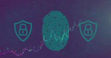 Dijital parmak izi ve değişken grafiği kaplayan güvenlik simgeleri. Arkaplanda ağ bağlantıları ve veri noktalarına sahip koyu, soyut bir tasarım yer almaktadır